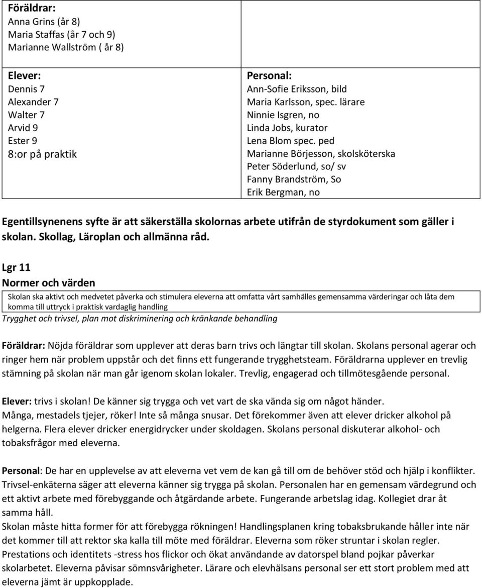 ped Marianne Börjesson, skolsköterska Peter Söderlund, so/ sv Fanny Brandström, So Erik Bergman, no Egentillsynenens syfte är att säkerställa skolornas arbete utifrån de styrdokument som gäller i