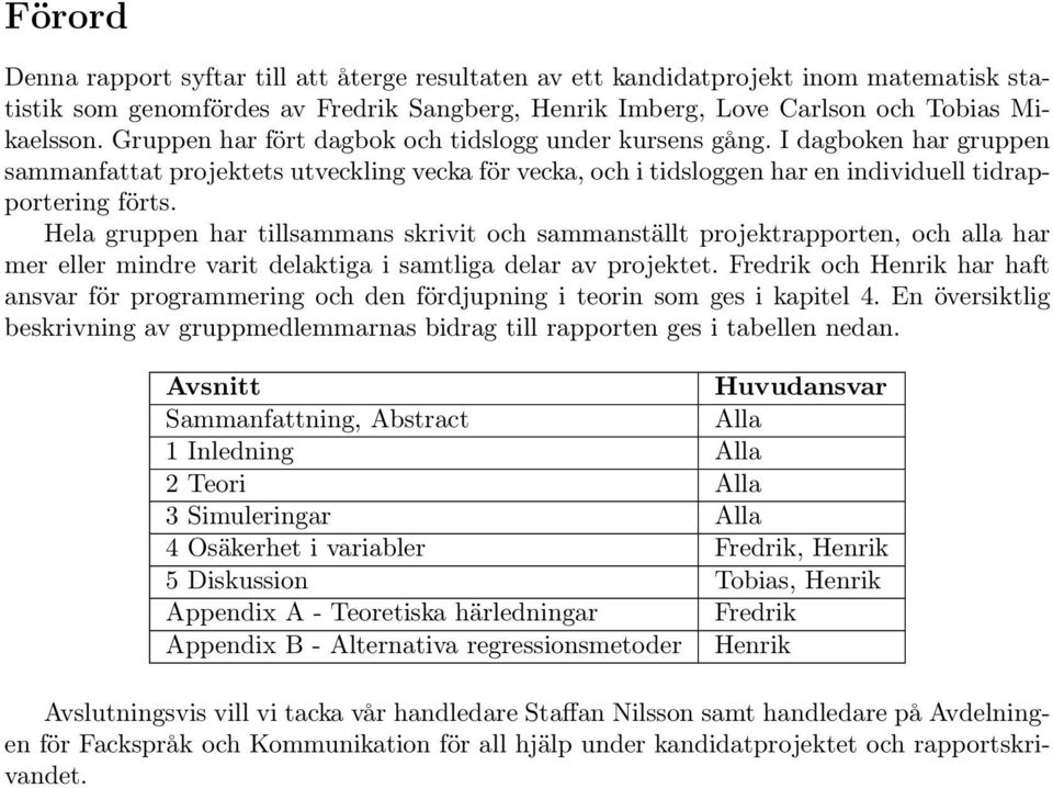 Hela gruppen har tillsammans skrivit och sammanställt projektrapporten, och alla har mer eller mindre varit delaktiga i samtliga delar av projektet.