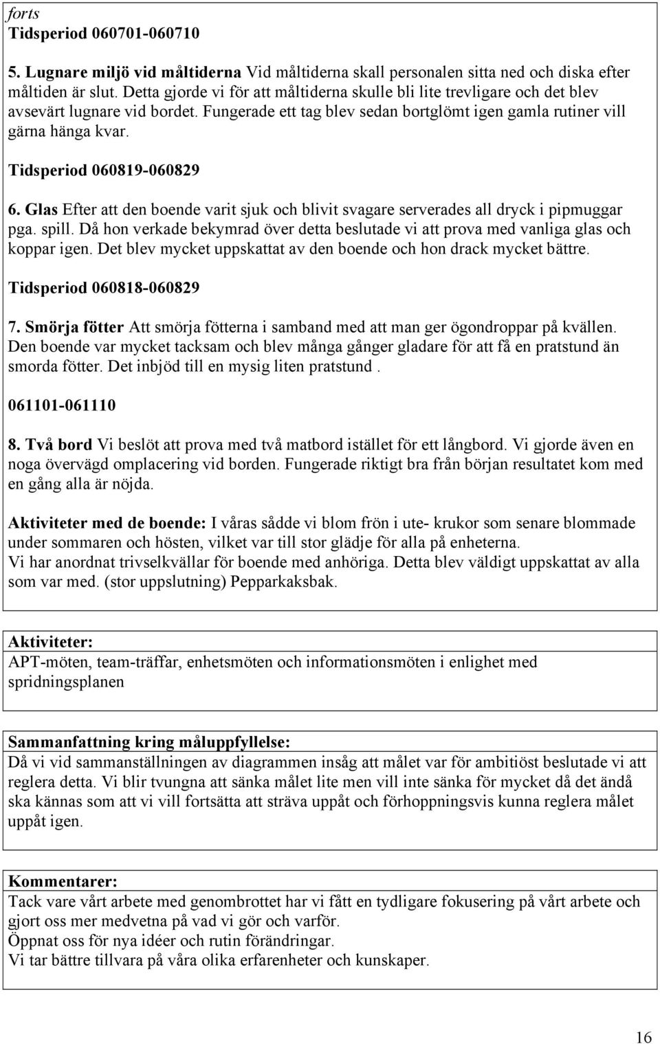 Tidsperiod 060819-060829 6. Glas Efter att den boende varit sjuk och blivit svagare serverades all dryck i pipmuggar pga. spill.