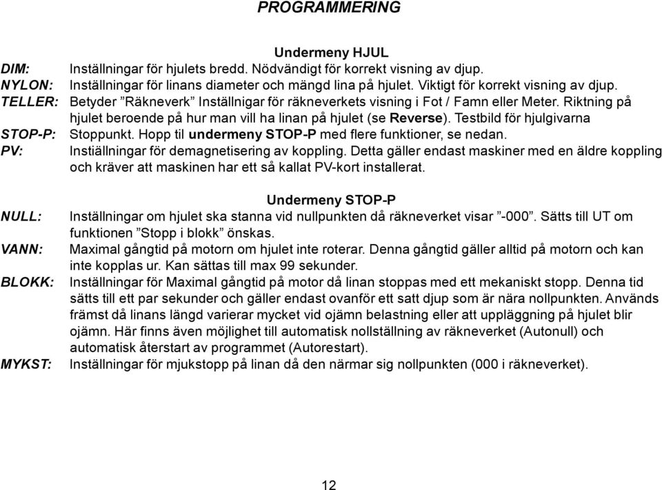 Riktning på hjulet beroende på hur man vill ha linan på hjulet (se Reverse). Testbild för hjulgivarna STOP-P: Stoppunkt. Hopp til undermeny STOP-P med flere funktioner, se nedan.