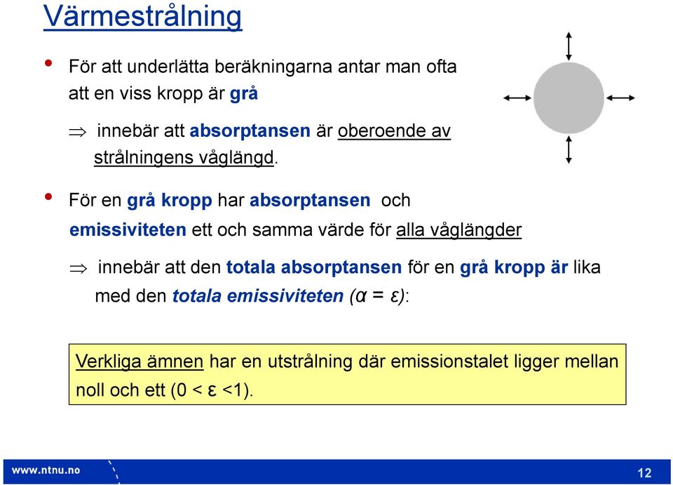 För en grå kropp har absorptansen och emissiviteten ett och samma värde för alla våglängder innebär att