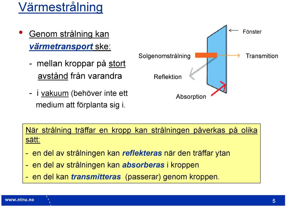 Solgenomstrålning Reflektion Absorption Fönster Transmition När strålning träffar en kropp kan strålningen