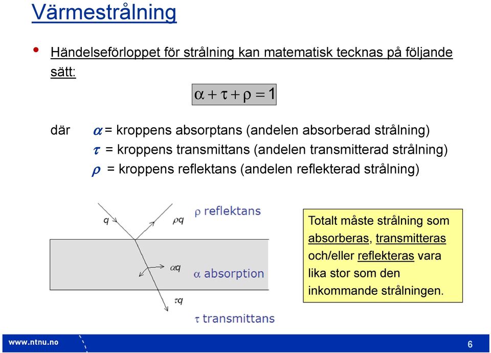 transmitterad strålning) ρ = kroppens reflektans (andelen reflekterad strålning) Totalt måste