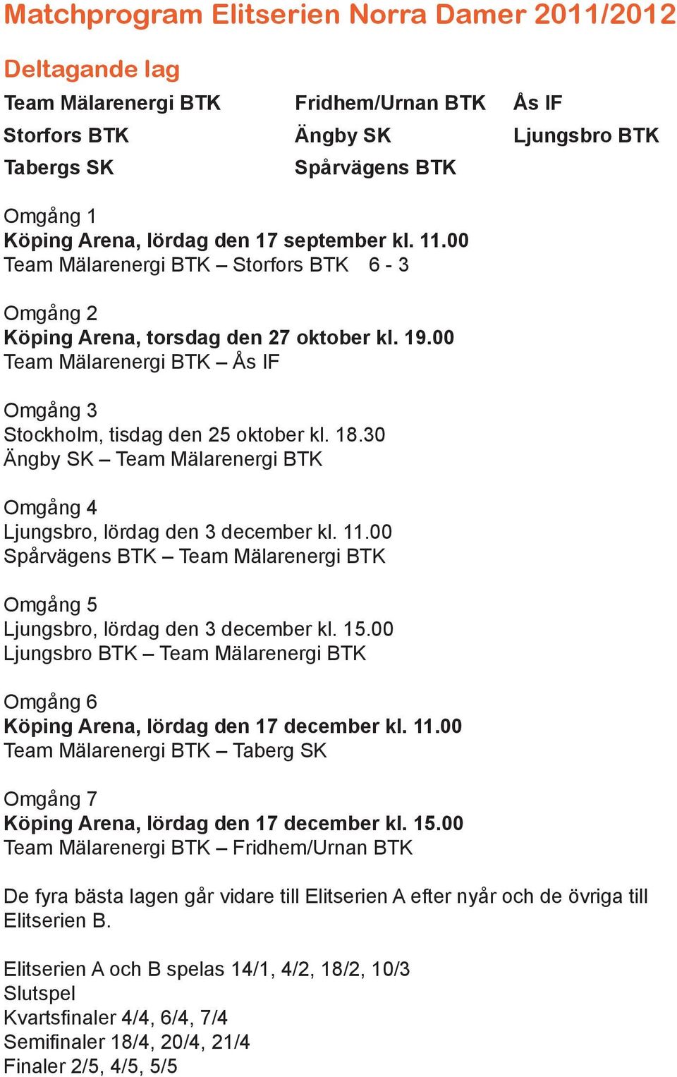 30 Ängby SK Team Mälarenergi BTK Omgång 4 Ljungsbro, lördag den 3 december kl. 11.00 Spårvägens BTK Team Mälarenergi BTK Omgång 5 Ljungsbro, lördag den 3 december kl. 15.