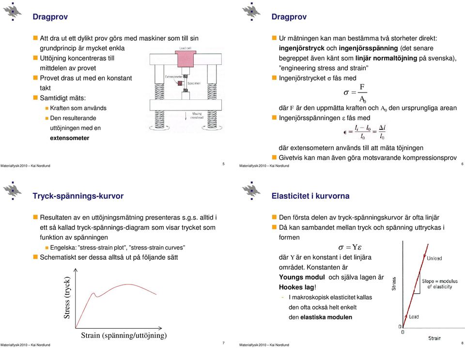 normaltöjning på svenska), engineering stress and strain Ingenjörstrycket fås med F A 0 där F är den uppmätta kraften och A 0 den ursprungliga arean Ingenjörsspänningen fås med extensometer 5 där