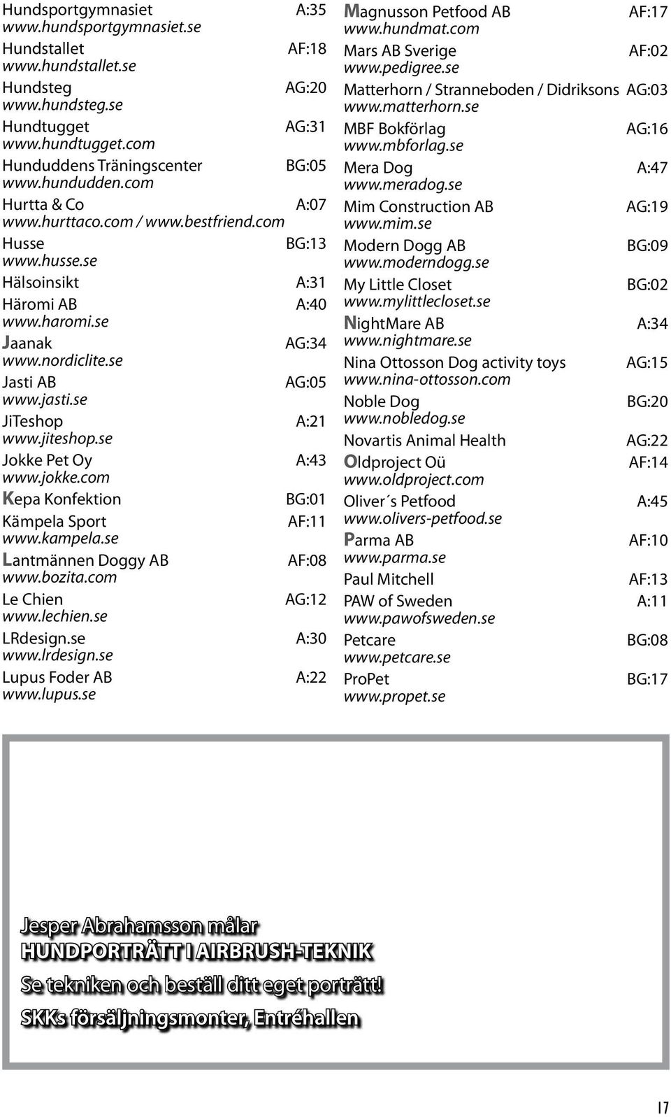 se JiTeshop A:21 www.jiteshop.se Jokke Pet Oy A:43 www.jokke.com Kepa Konfektion BG:01 Kämpela Sport AF:11 www.kampela.se Lantmännen Doggy AB AF:08 www.bozita.com Le Chien AG:12 www.lechien.