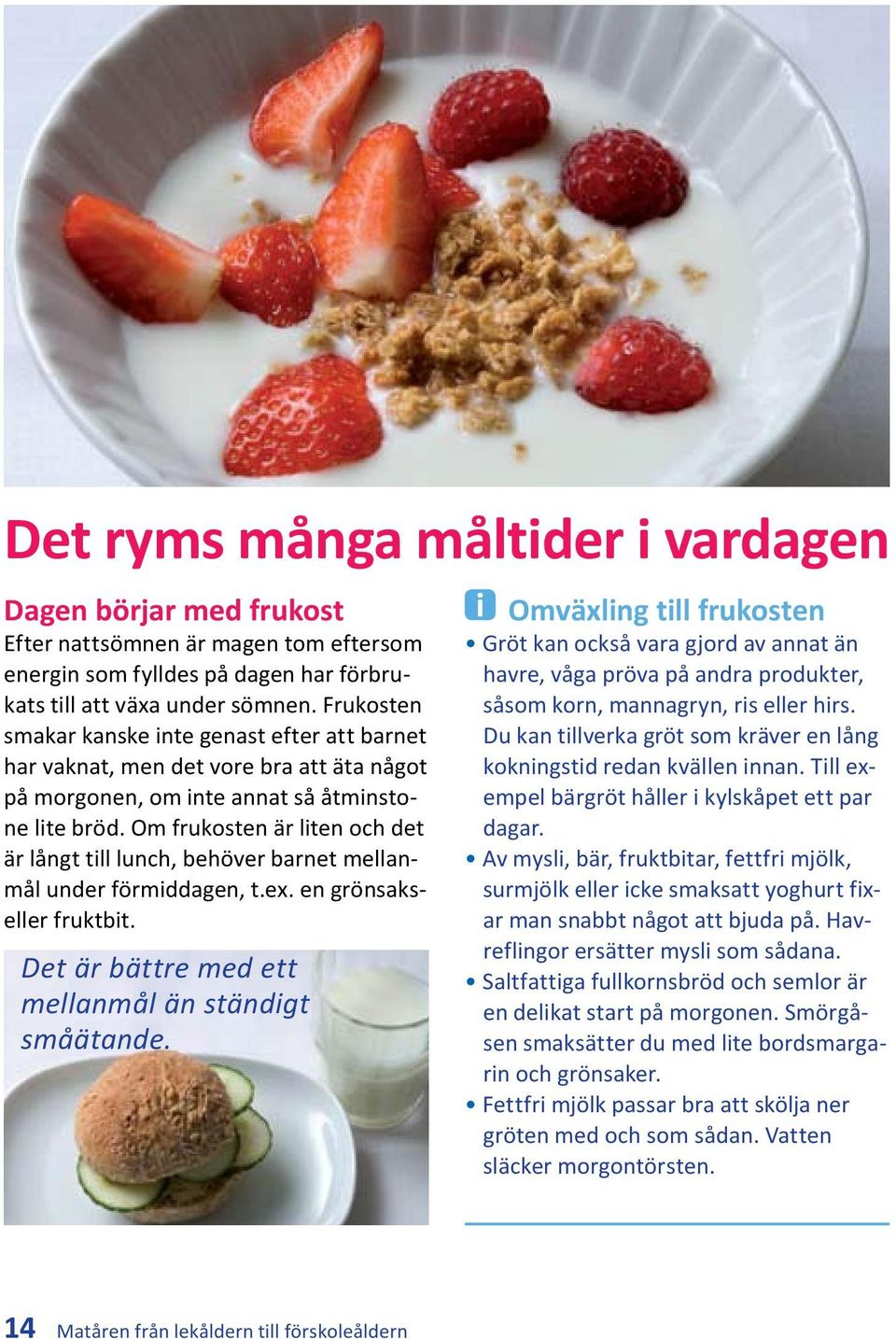 Om frukosten är liten och det är långt till lunch, behöver barnet mellanmål under förmiddagen, t.ex. en grönsakseller fruktbit. Det är bättre med ett mellanmål än ständigt småätande.