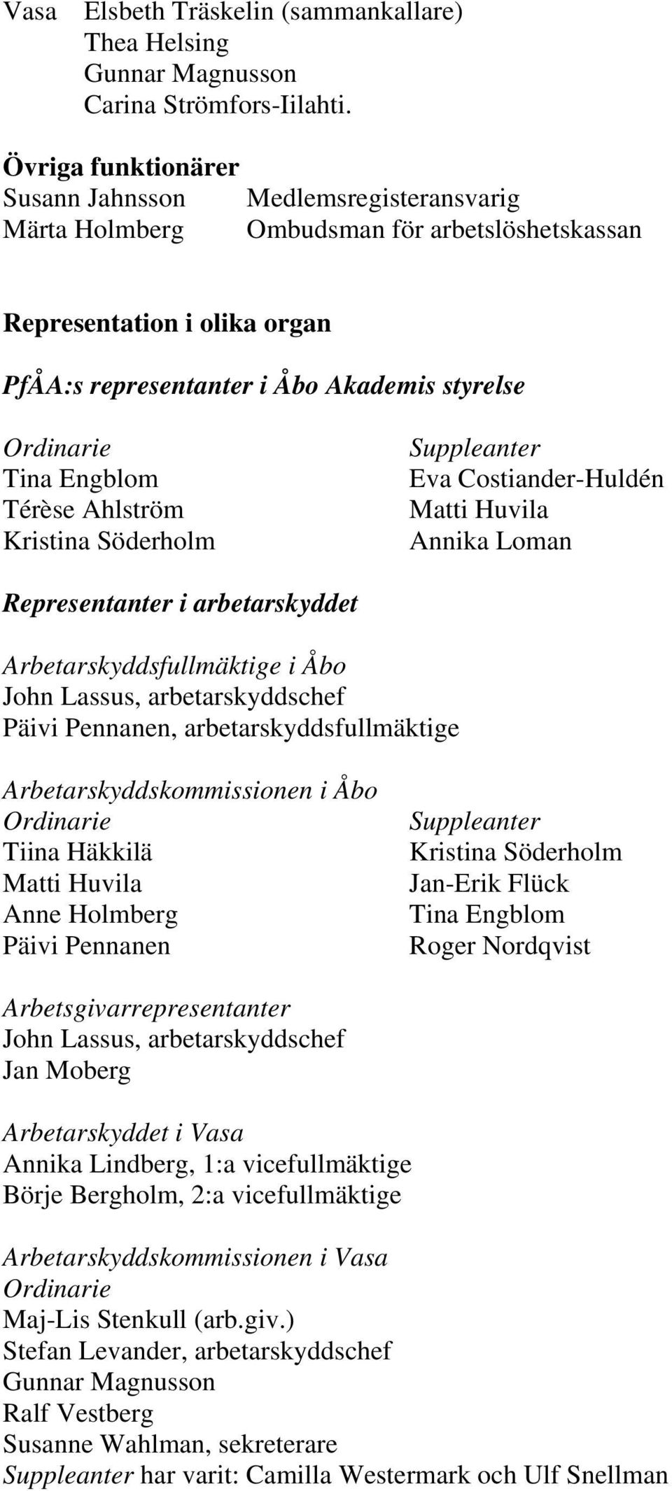 Térèse Ahlström Kristina Söderholm Eva Costiander-Huldén Matti Huvila Annika Loman Representanter i arbetarskyddet Arbetarskyddsfullmäktige i Åbo John Lassus, arbetarskyddschef Päivi Pennanen,