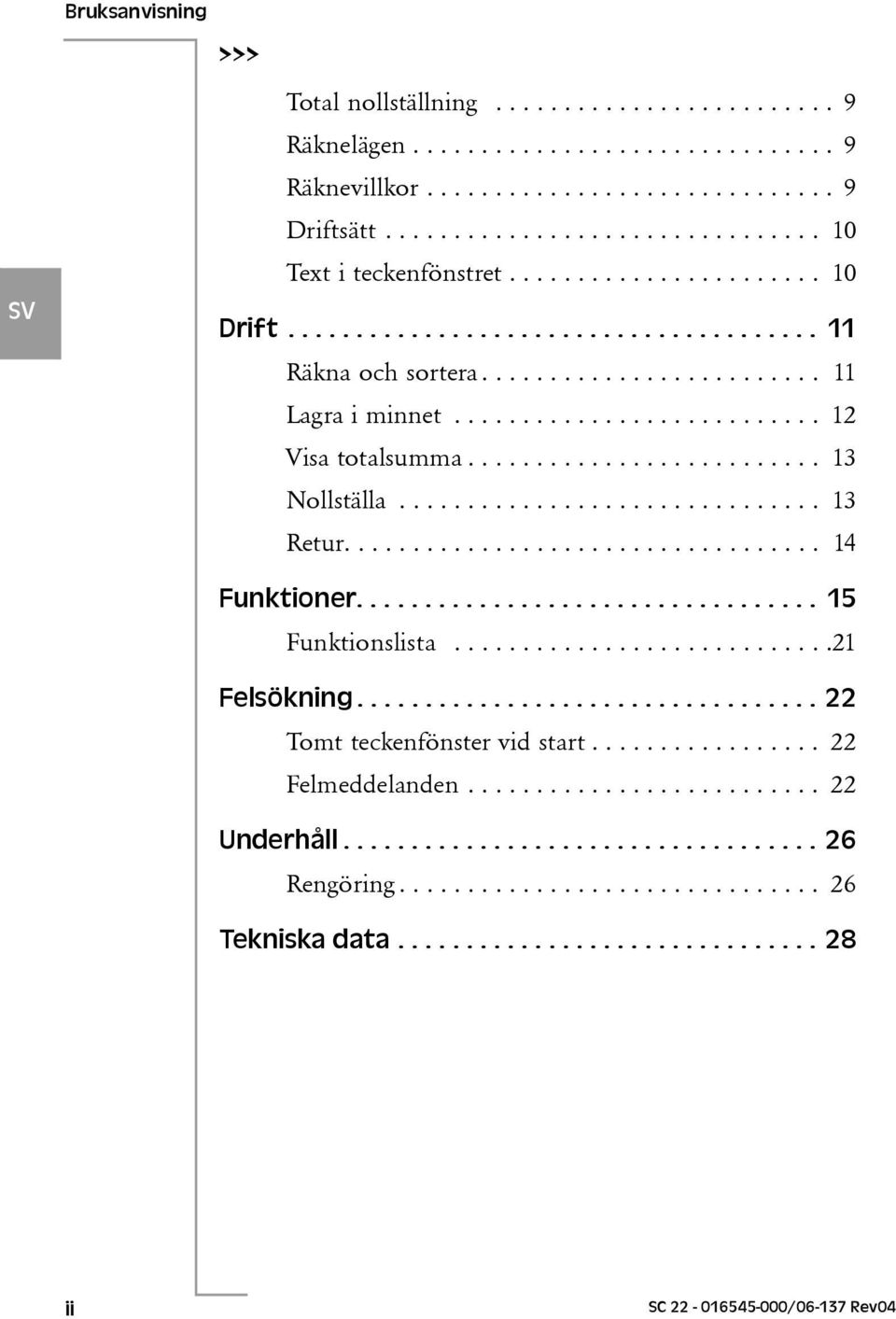 .............................. 13 Retur................................... 14 Funktioner.................................. 15 Funktionslista............................21 Felsökning.