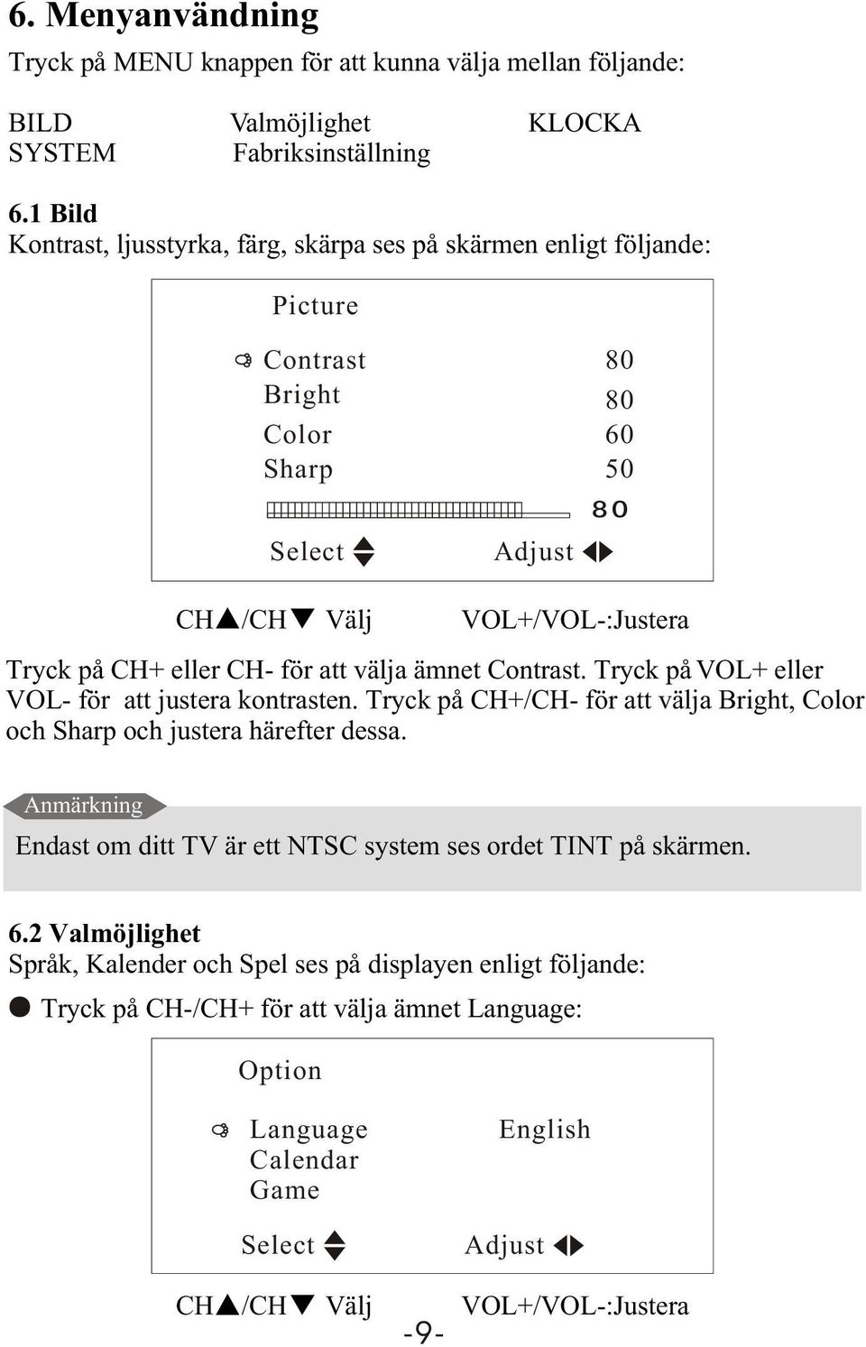 ämnet Contrast. Tryck på VOL+ eller VOL- för att justera kontrasten. Tryck på CH+/CH- för att välja Bright, Color och Sharp och justera härefter dessa.