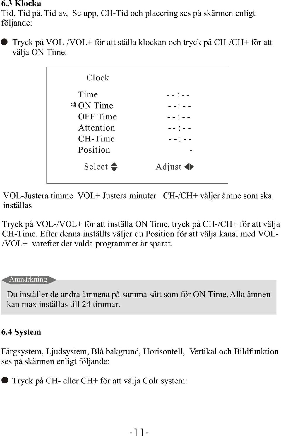 för att inställa ON Time, tryck på CH-/CH+ för att välja CH-Time. Efter denna inställts väljer du Position för att välja kanal med VOL- /VOL+ varefter det valda programmet är sparat.