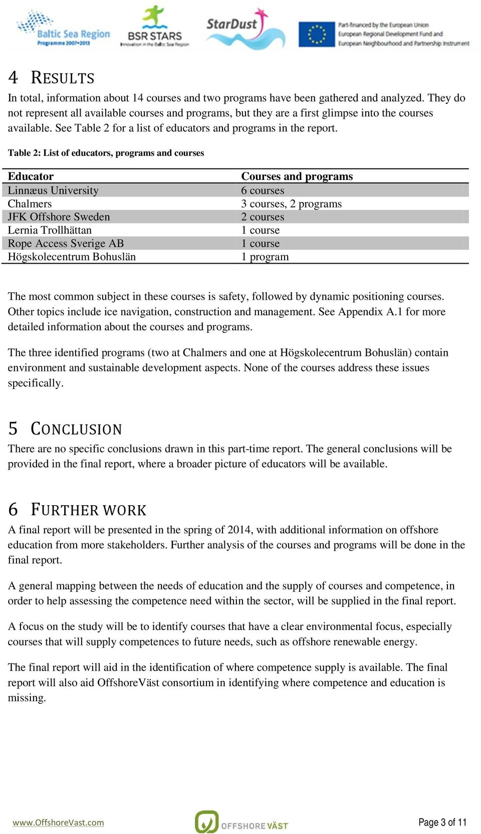 Table 2: List of educators, programs and courses Educator Linnæus University Chalmers JFK Offshore Sweden Lernia Trollhättan Rope Access Sverige AB Högskolecentrum Bohuslän Courses and programs 6