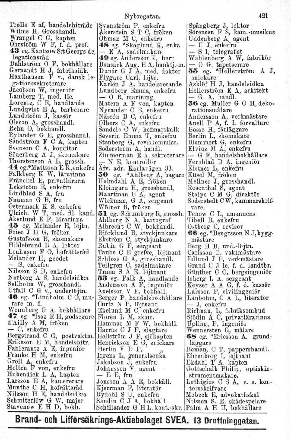 Kantzow S:t Georgs de, -- E A, sadelmakare - S I, telegrafist legationsråd 49 egoandersson K, herr Wahlenberg A W, fabrikör Dahlström O F, bokhållare Bonsack Aug. R A, banktj.-m.