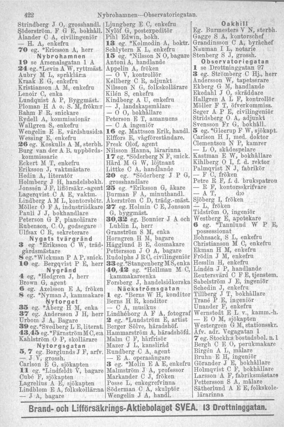 Grandinsson C A, byråchef 70 ego "Ericsson A, herr Schlytern K L, enkefru Nauman I L, notarie Nybrohamnen Ui ego "Nilsson N 0, bagare Stenberg S J, grossh.