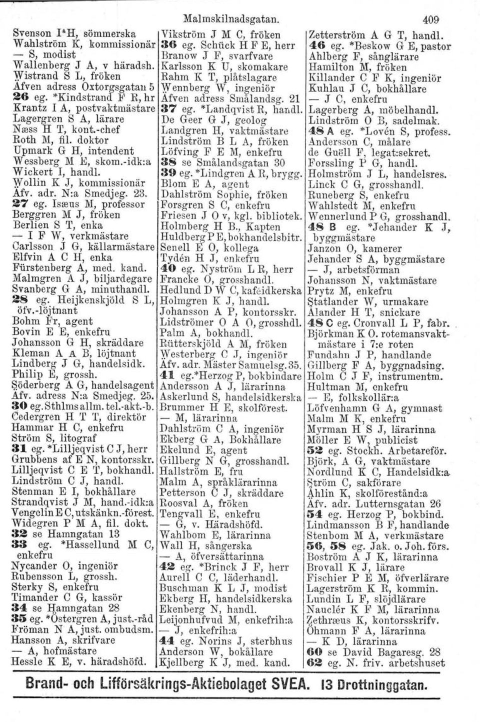 Karlsson K U, skomakare Hamilton M, fröken Wistrand S L, fröken Rahm K T, plåtslagare Killander e P K, ingeniör Afven adress Oxtorgsgatau 5 Wennberg W, ingeniör Kuhlau J e, bokhållare 26 eg.