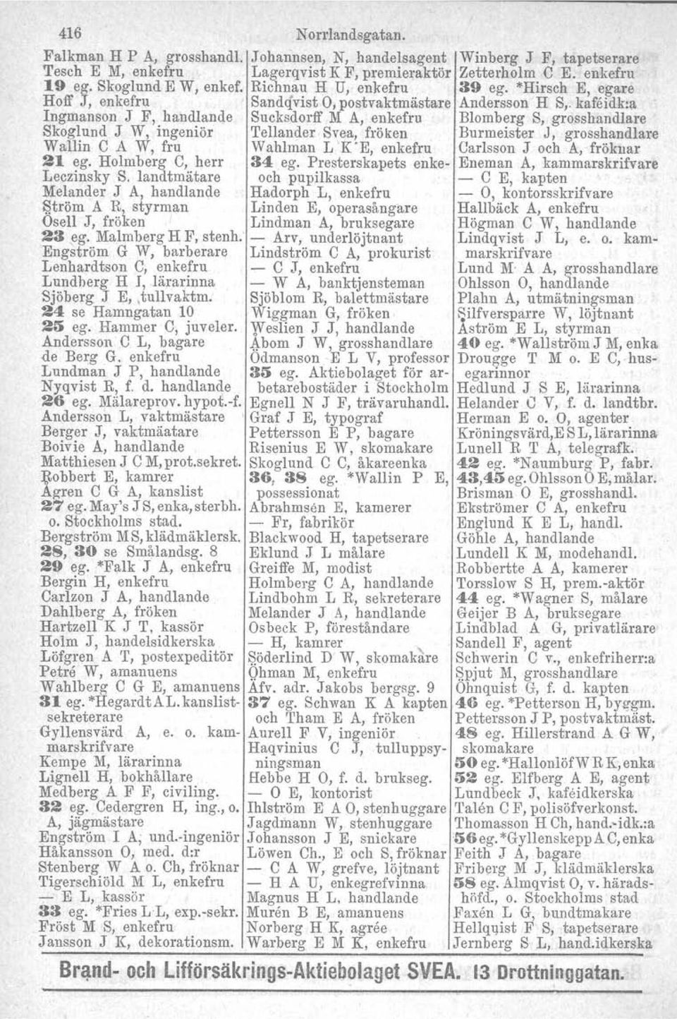 a Ingmanson J F, handlande Sucksdorff M A, enkefru Blomberg S, grosshandlare Skoglund J W, ingeniör Tellander Svea, fröken Burmeister J I grosshandlare Wallin C A W, fru Wahlman L 'K'E, enkefru