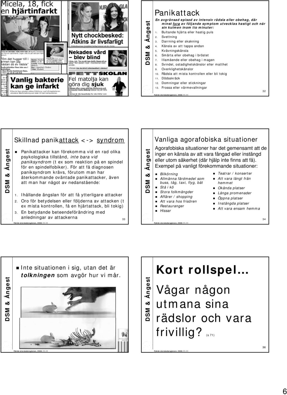 fyra av följande symptom utvecklas hastigt och når sin kulmen inom tio minuter: 1. Bultande hjärta eller hastig puls 2. Svettning 3. Darrning eller skakning 4. Känsla av att tappa andan 5.