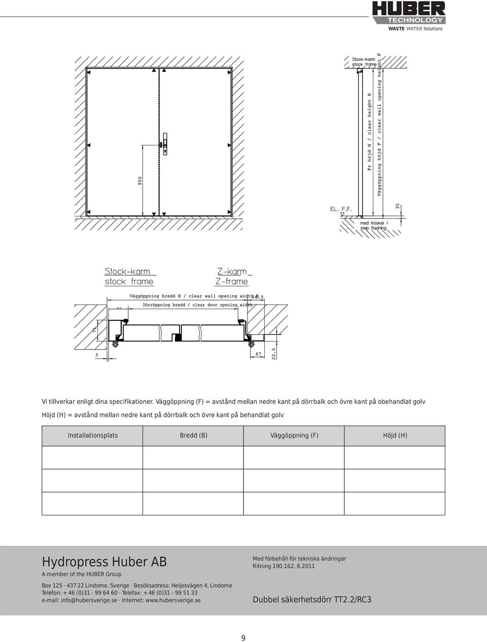 kant på behandlat golv Installationsplats Bredd (B) Väggöppning (F) Höjd (H) Hydropress Huber AB A member of the HUBER Group Box 125 437 22 Lindome,