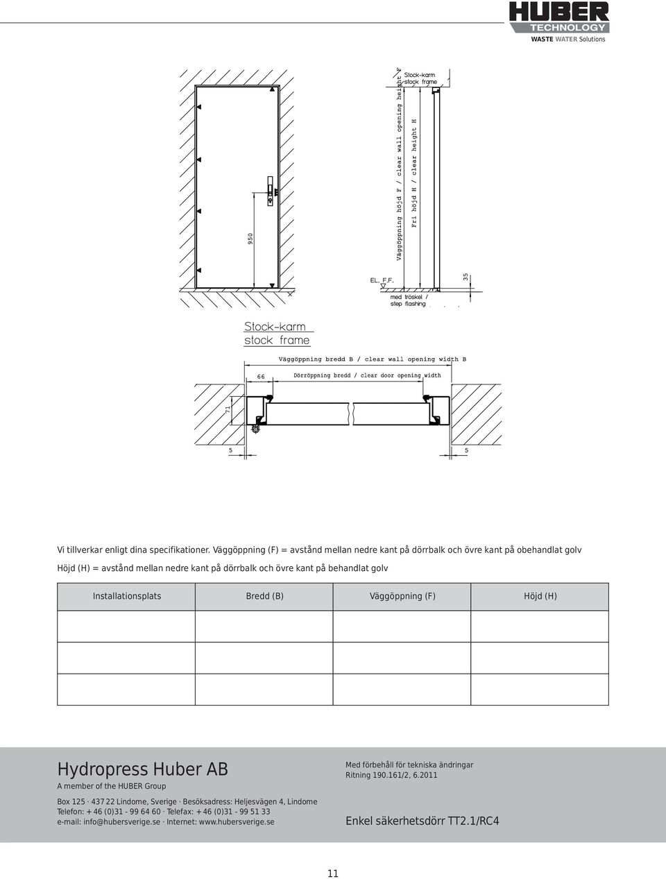 kant på behandlat golv Installationsplats Bredd (B) Väggöppning (F) Höjd (H) Hydropress Huber AB A member of the HUBER Group Box 125 437 22 Lindome,