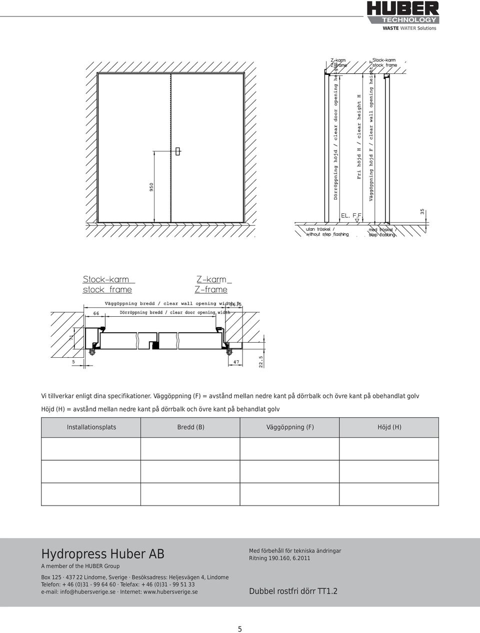 kant på behandlat golv Installationsplats Bredd (B) Väggöppning (F) Höjd (H) Hydropress Huber AB A member of the HUBER Group Box 125 437 22