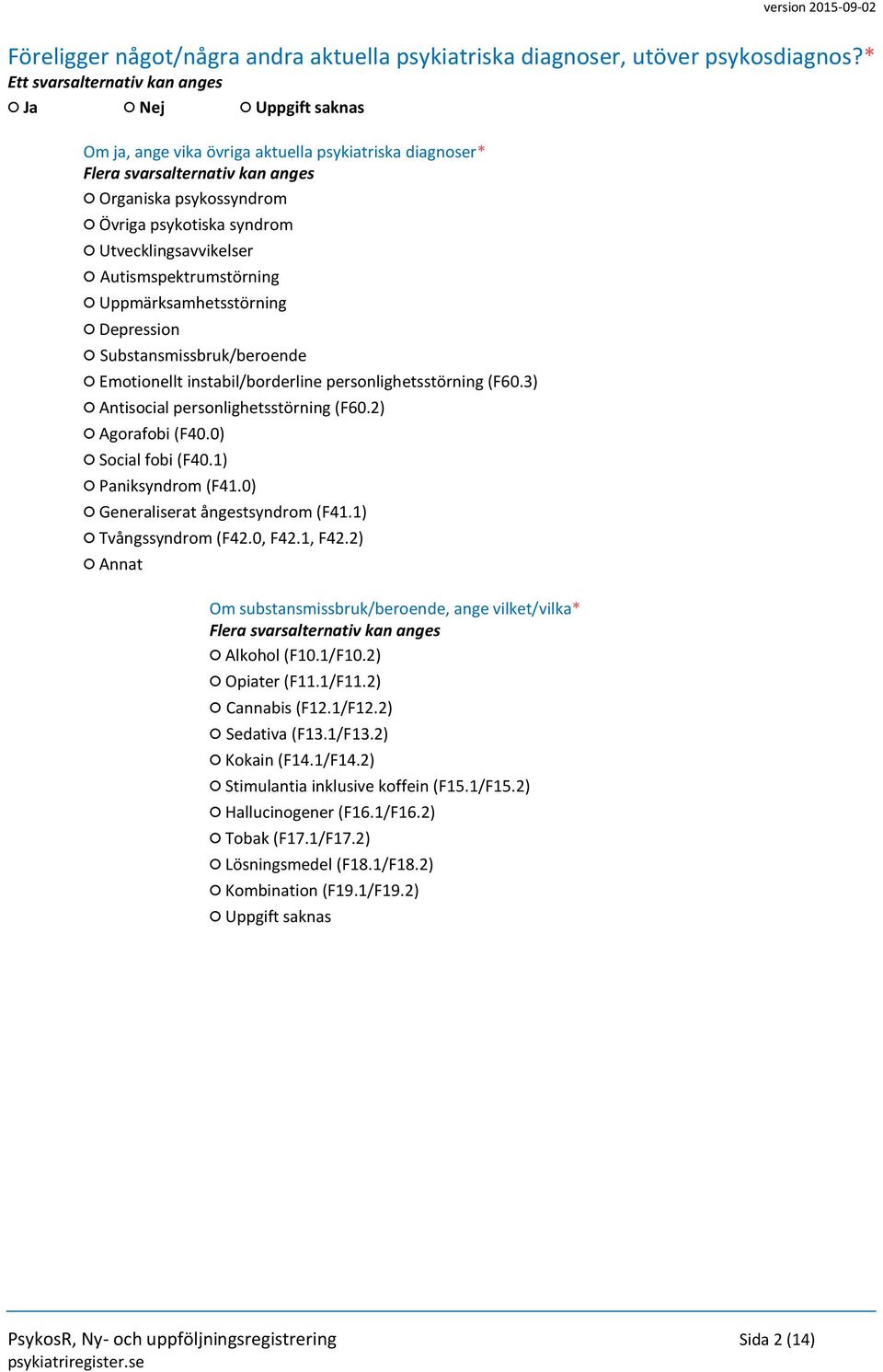 Substansmissbruk/beroende Emotionellt instabil/borderline personlighetsstörning (F60.3) Antisocial personlighetsstörning (F60.2) Agorafobi (F40.0) Social fobi (F40.1) Paniksyndrom (F41.