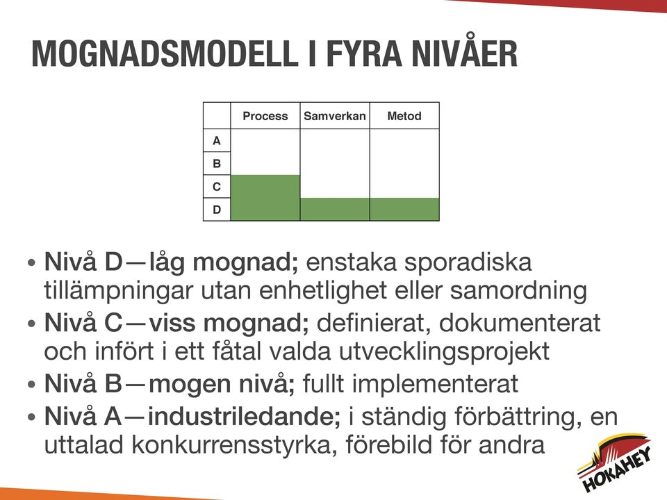 enhetlighet eller samordning Nivå C viss mognad; definierat, dokumenterat och infört i ett