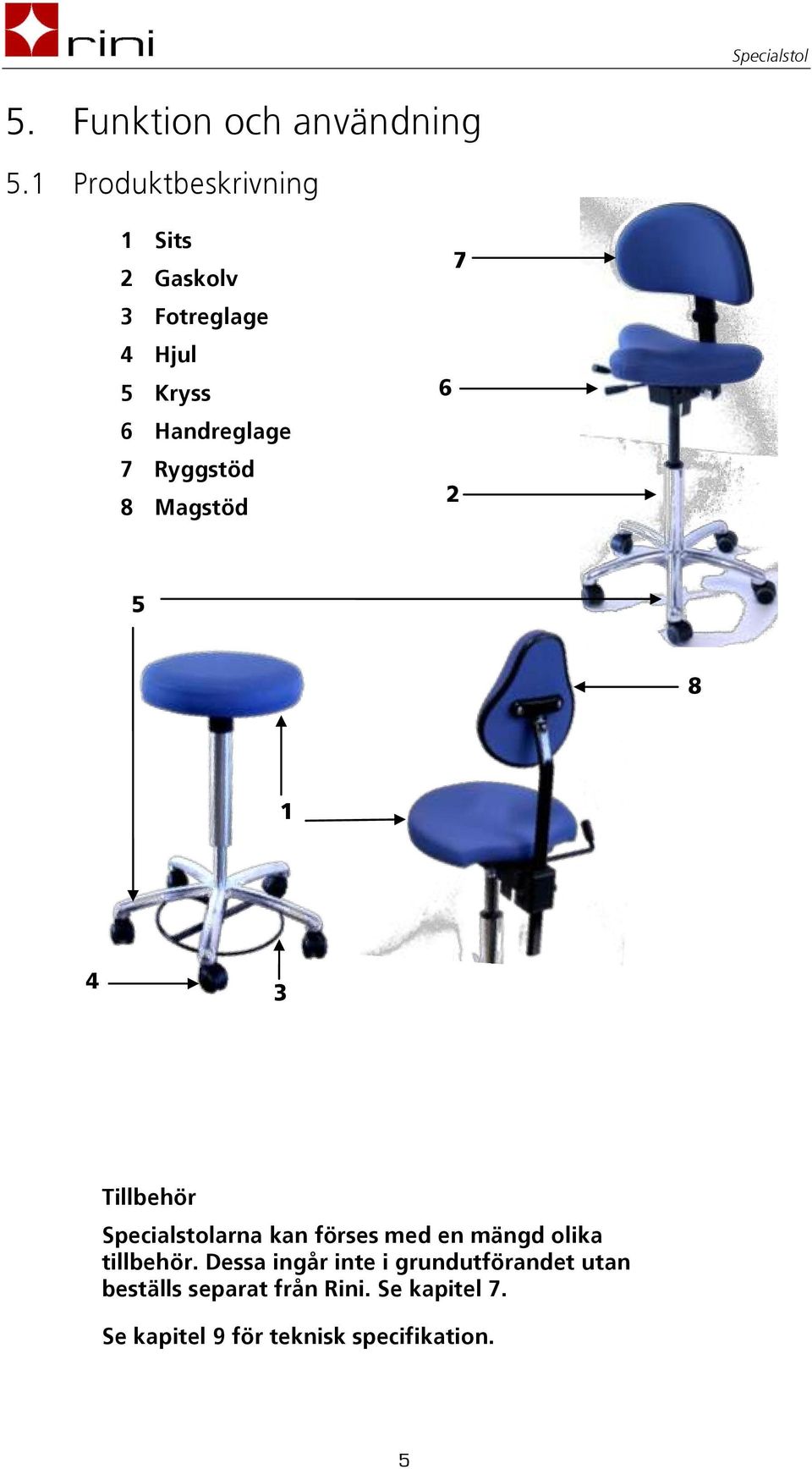 Ryggstöd 8 Magstöd 6 2 7 5 8 1 4 3 Tillbehör Specialstolarna kan förses med en