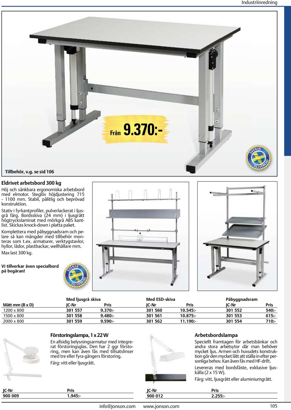 Komplettera med påbyggnadsram och pelare så kan mängder med tillbehör monteras som t.ex. armaturer, verktygstavlor, hyllor, lådor, plastbackar, wellhållare mm. Max last 300 kg.