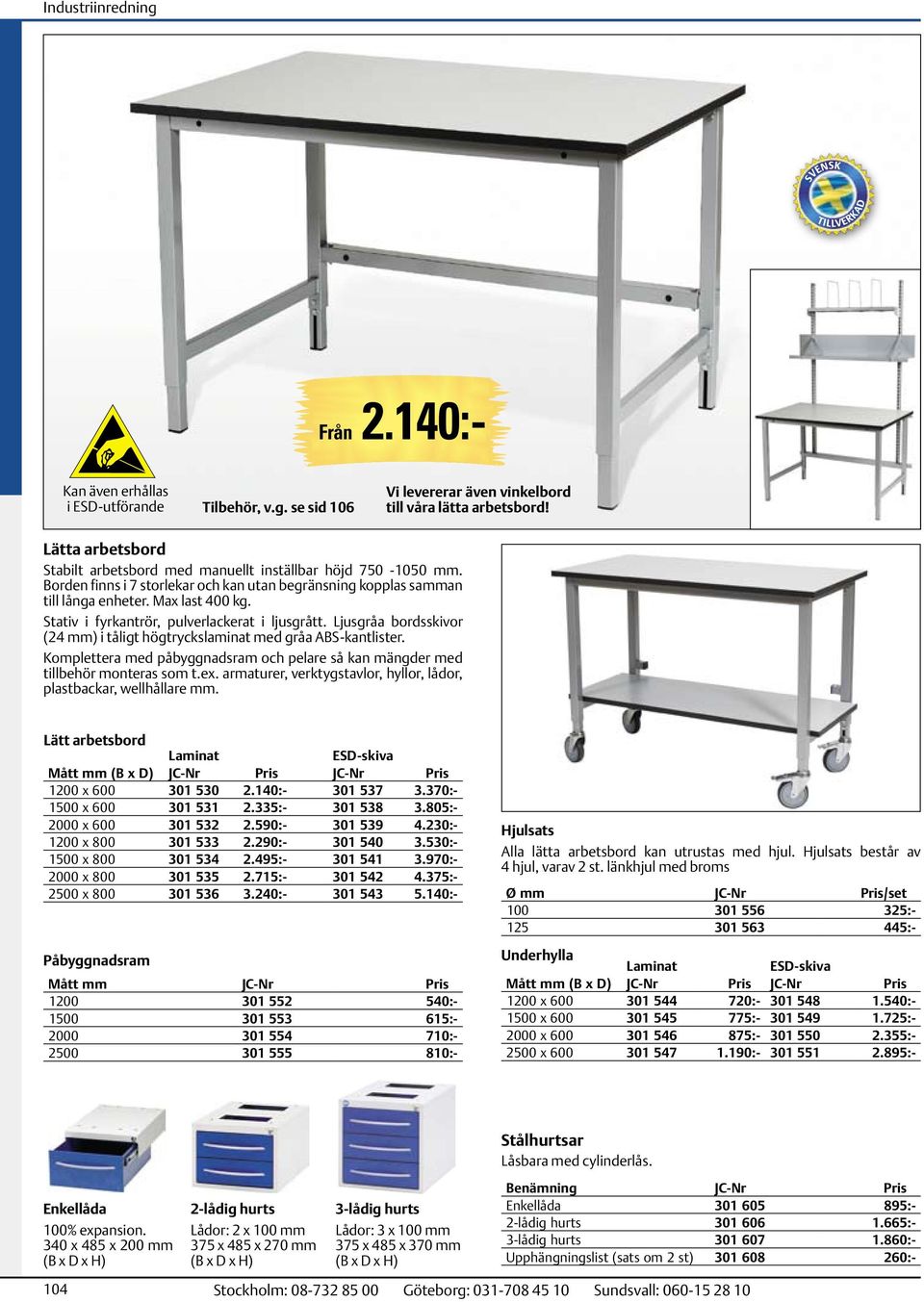 Stativ i fyrkantrör, pulverlackerat i ljusgrått. Ljusgråa bordsskivor (24 mm) i tåligt högtryckslaminat med gråa ABS-kantlister.