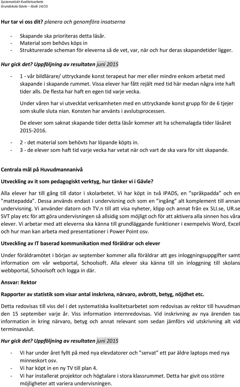 Uppföljning av resultaten juni 2015-1 - vår bildlärare/ uttryckande konst terapeut har mer eller mindre enkom arbetat med skapande i skapande rummet.