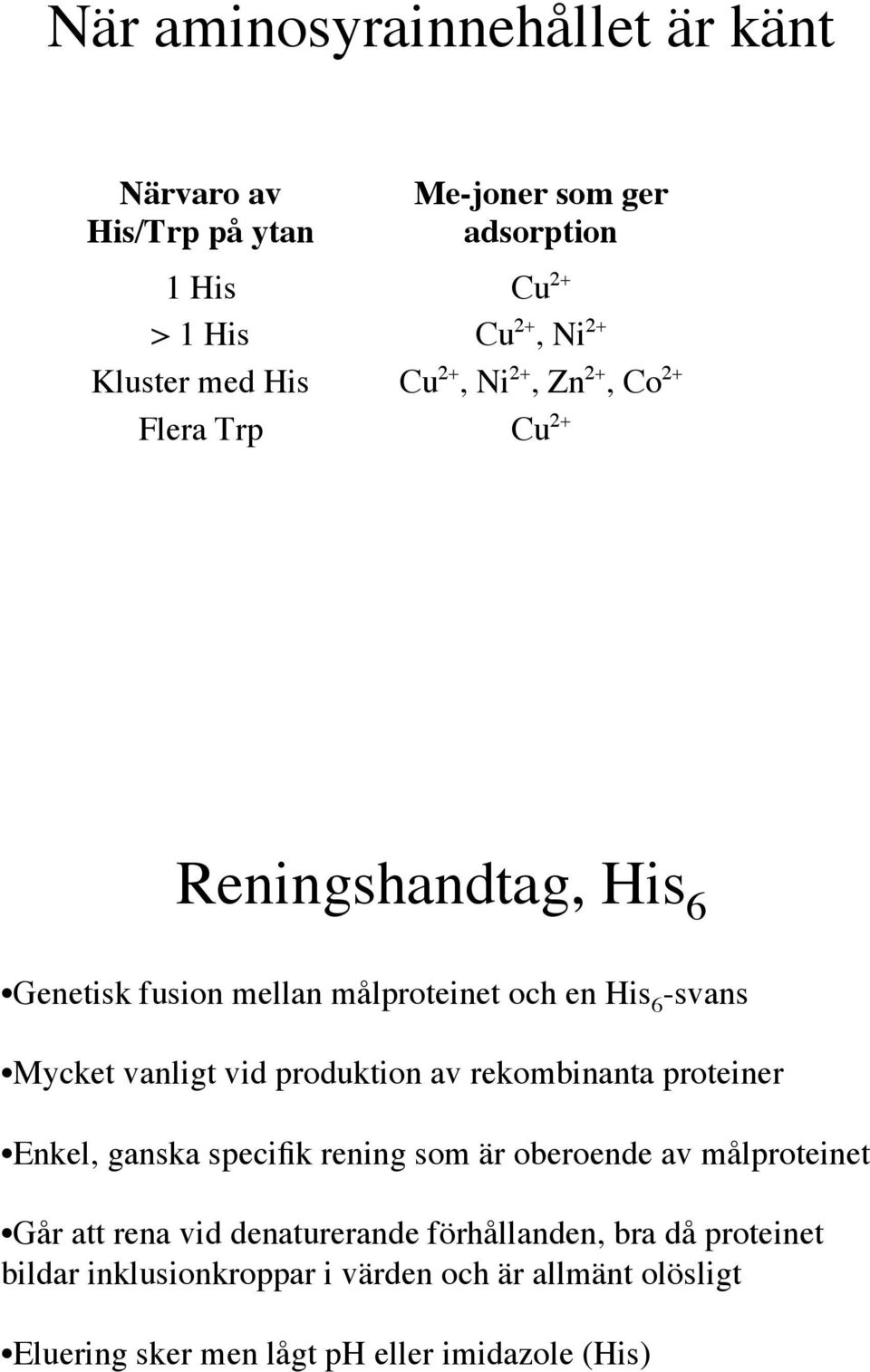 vid produktion av rekombinanta proteiner Enkel, ganska specifik rening som är oberoende av målproteinet Går att rena vid denaturerande