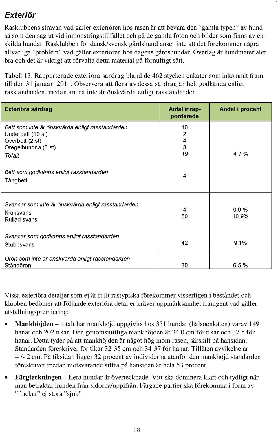 Överlag är hundmaterialet bra och det är viktigt att förvalta detta material på förnuftigt sätt. Tabell 13.