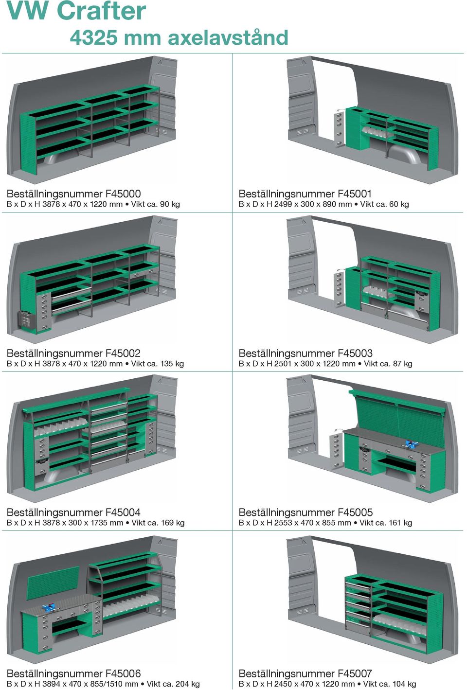 135 kg Beställningsnummer F45003 B x D x H 2501 x 300 x 1220 mm Vikt ca. 87 kg Beställningsnummer F45004 B x D x H 3878 x 300 x 1735 mm Vikt ca.