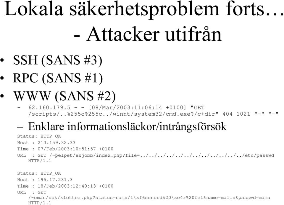 /c+dir" 404 1021 "-" "-" Enklare informationsläckor/intrångsförsök Status: HTTP_OK Host : 213.159.32.