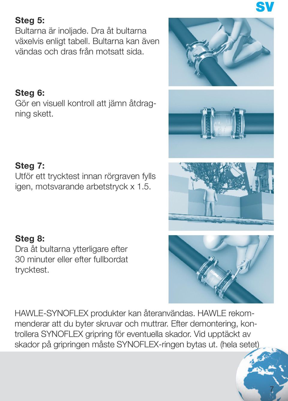 Steg 8: Dra åt bultarna ytterligare efter 30 minuter eller efter fullbordat trycktest. HAWLE-SYNOFLEX produkter kan återanvändas.