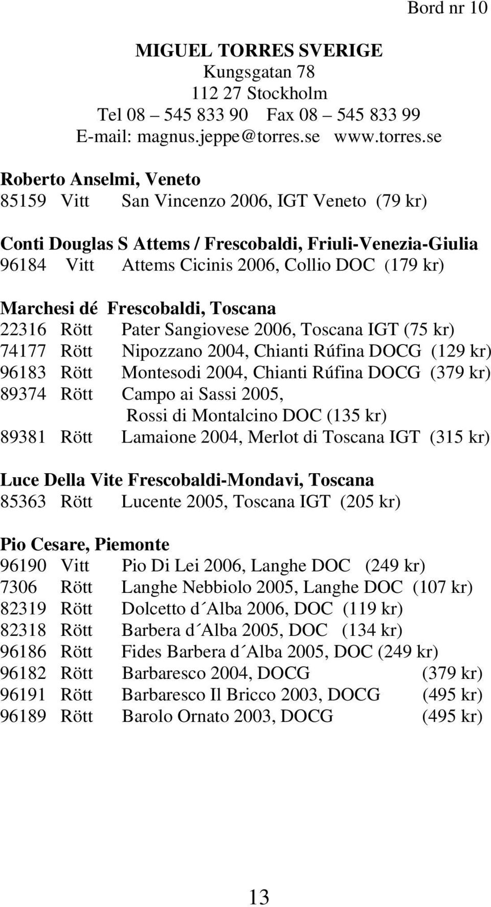 se Roberto Anselmi, Veneto 85159 Vitt San Vincenzo 2006, IGT Veneto (79 kr) Bord nr 10 Conti Douglas S Attems / Frescobaldi, Friuli-Venezia-Giulia 96184 Vitt Attems Cicinis 2006, Collio DOC (179 kr)