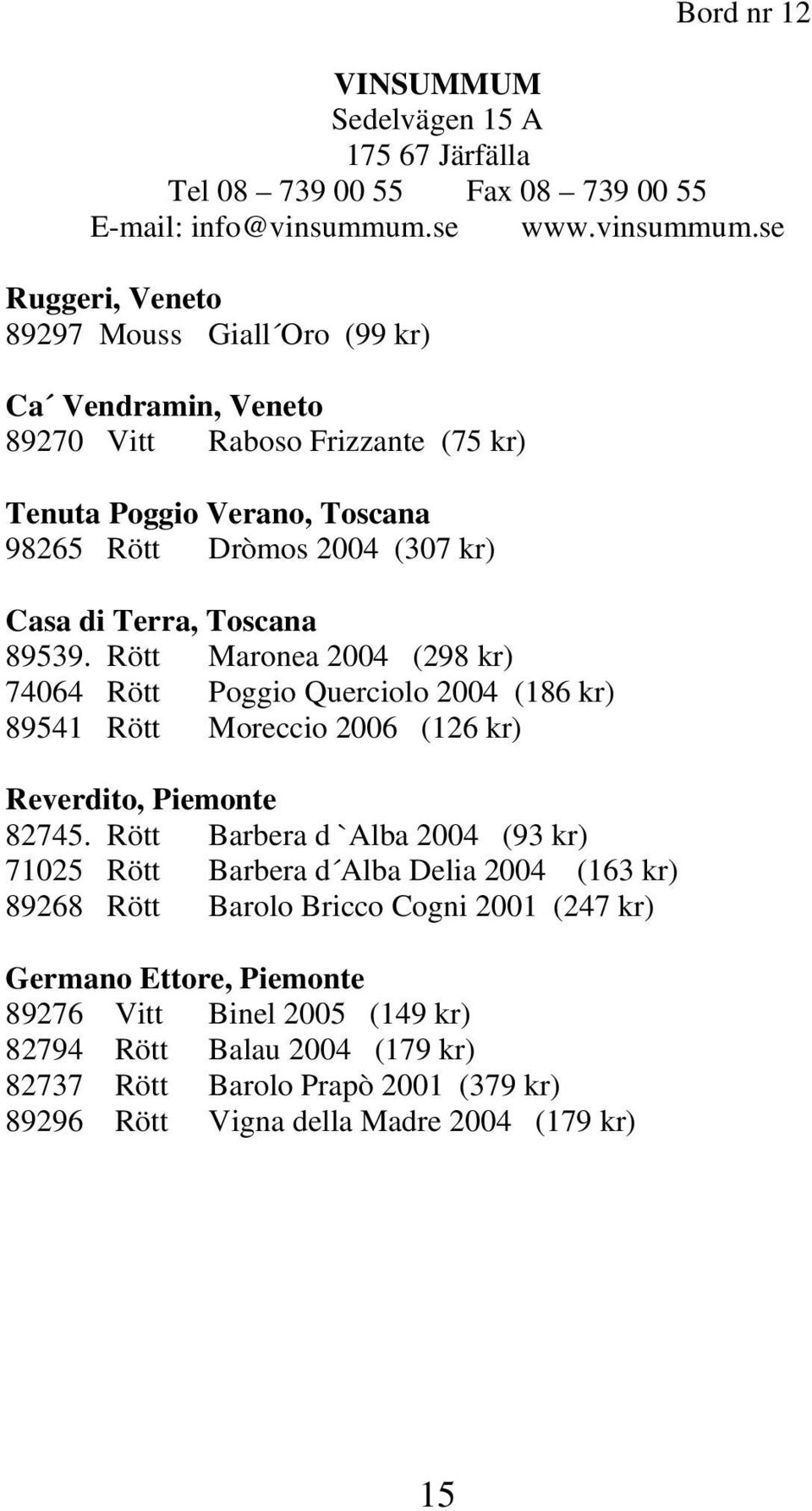 se Ruggeri, Veneto 89297 Mouss Giall Oro (99 kr) Ca Vendramin, Veneto 89270 Vitt Raboso Frizzante (75 kr) Tenuta Poggio Verano, Toscana 98265 Rött Dròmos 2004 (307 kr) Casa di Terra,