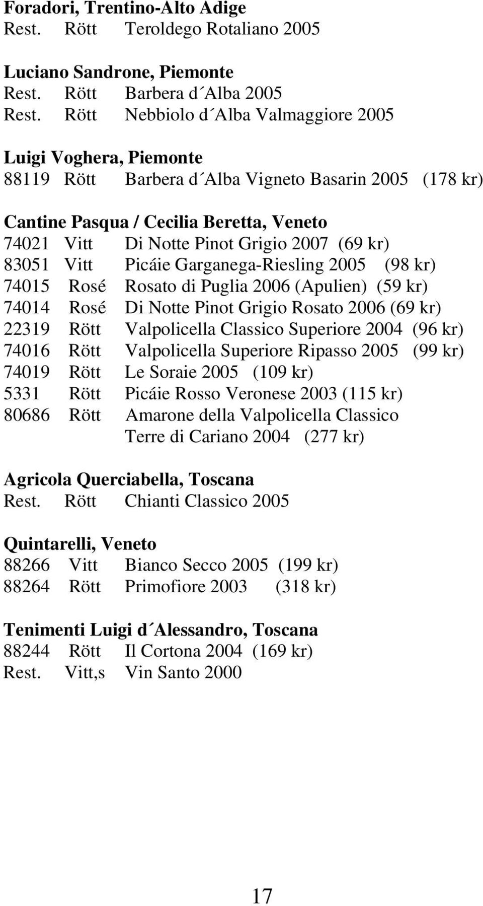 (69 kr) 83051 Vitt Picáie Garganega-Riesling 2005 (98 kr) 74015 Rosé Rosato di Puglia 2006 (Apulien) (59 kr) 74014 Rosé Di Notte Pinot Grigio Rosato 2006 (69 kr) 22319 Rött Valpolicella Classico