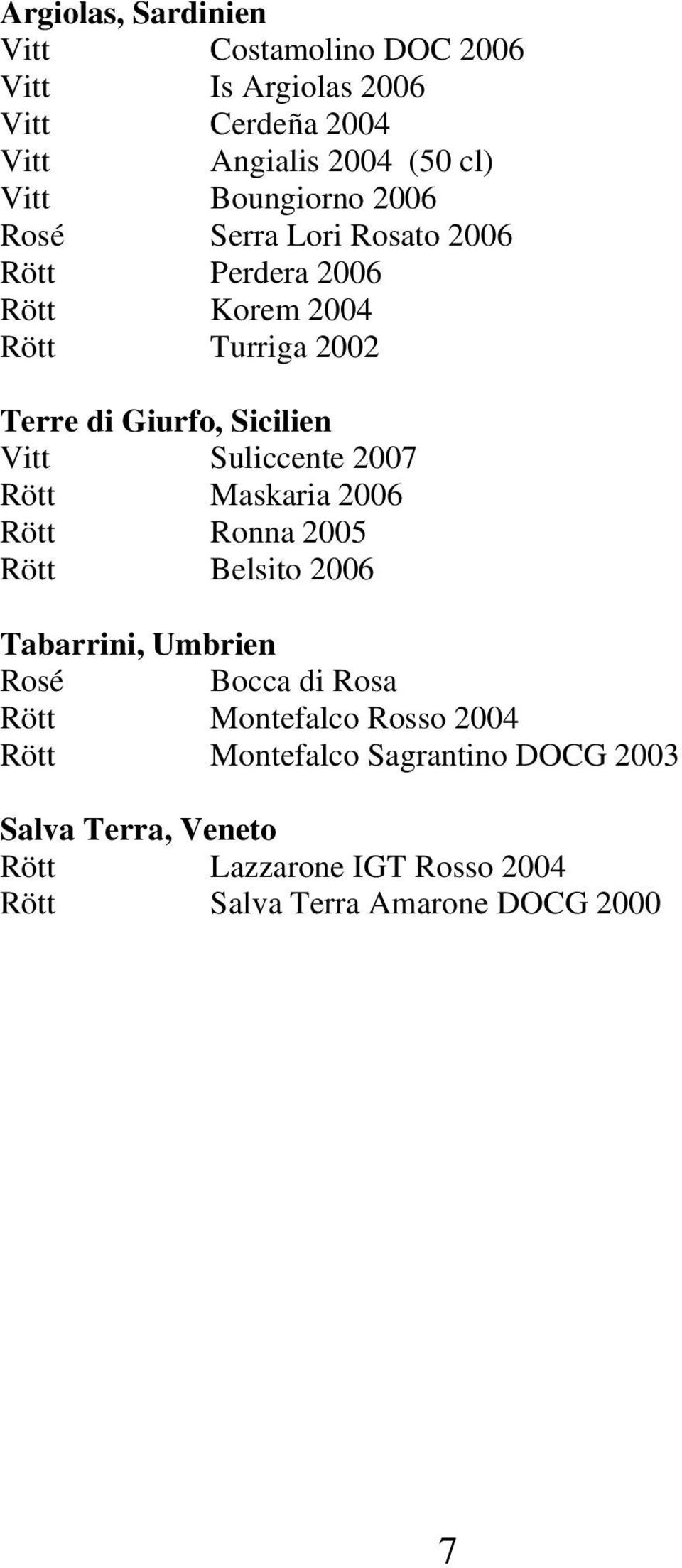 Vitt Suliccente 2007 Rött Maskaria 2006 Rött Ronna 2005 Rött Belsito 2006 Tabarrini, Umbrien Rosé Bocca di Rosa Rött