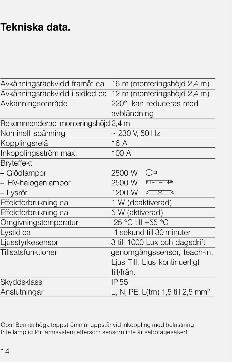 2,4 m Nominell spänning ~ 230 V, 50 Hz Kopplingsrelä 16 A Inkopplingsström max.