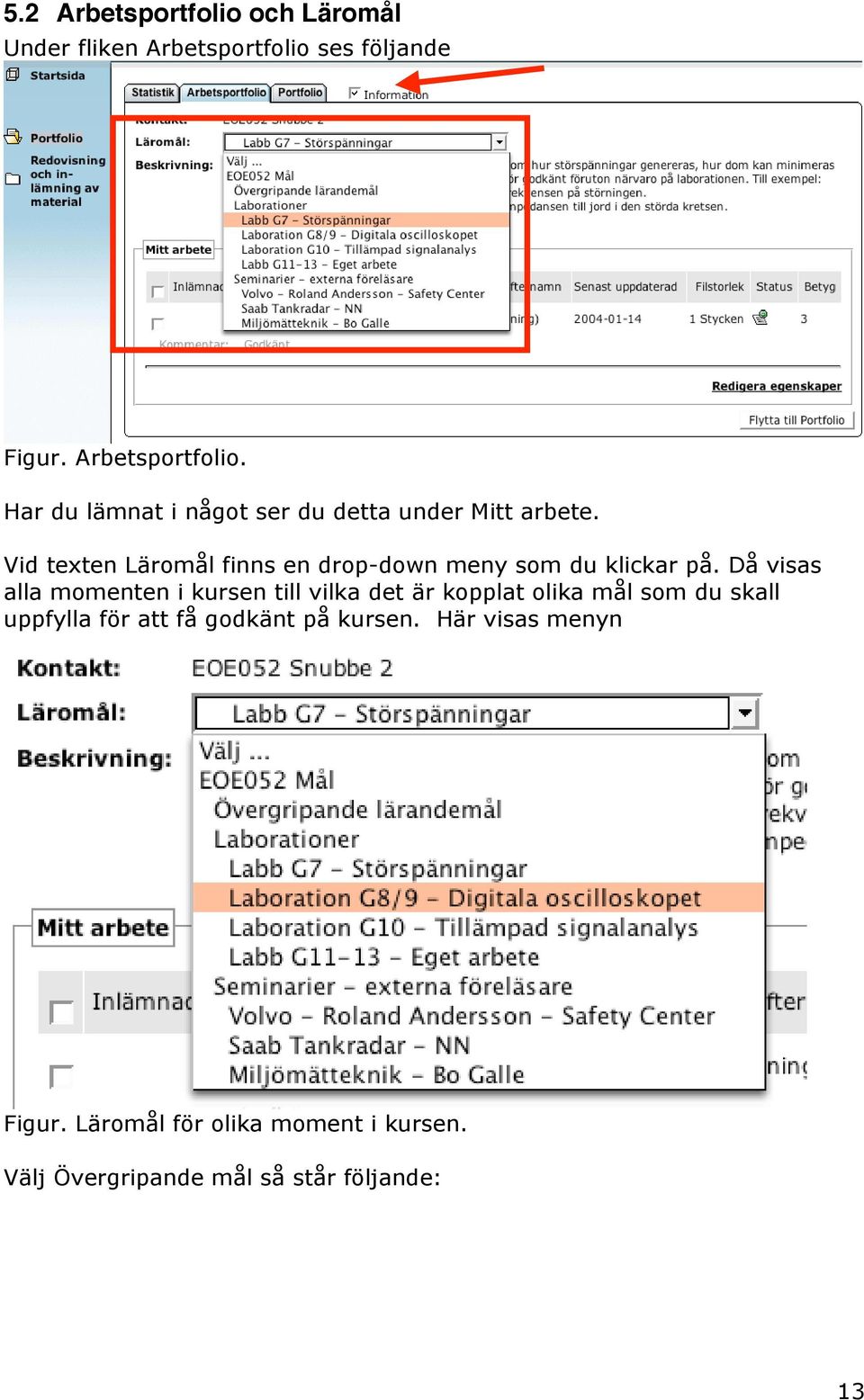 Då visas alla momenten i kursen till vilka det är kopplat olika mål som du skall uppfylla för att få godkänt