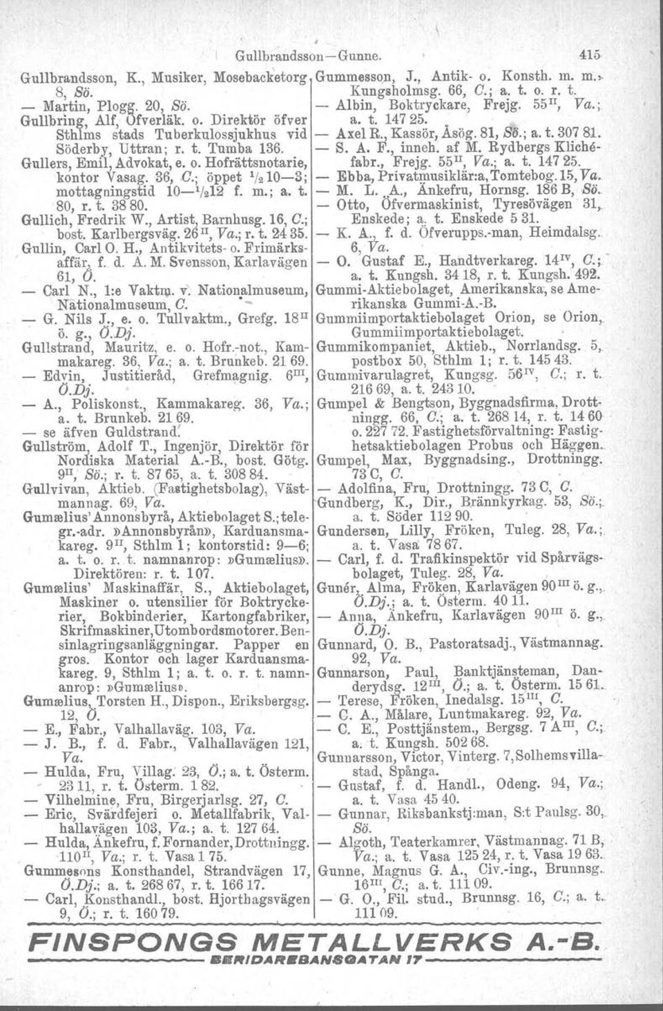 t. Tumba 136. - S. A. F., inneh. af M. Rydbergs Kliene- Gullers, Emil, Advokat, e. O. Hofrättsnotarie, fabr., Frejg. 55 Il, Va.; a. t. 14725. kontor Vasag. 36,.o.; öppet 1/210-3; - Ebba, Privatmusiklär:a, Tomtebog.