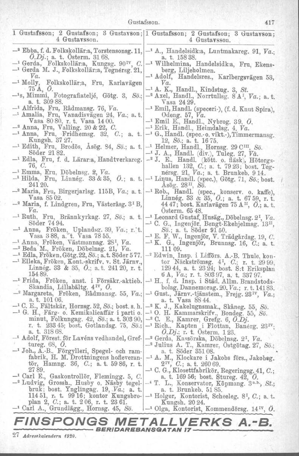 , Folkskollär:a, Tegnersg, 21, berg, Liljaholmen. ' Va. _, Adolf, Handelsres., Karlbergsvägen 53, _I Molly, Folkskollär:a, Fru, Karlavägen Va. 75 A, O. :.--'A. K., HandI., Kindstug. 3, St.