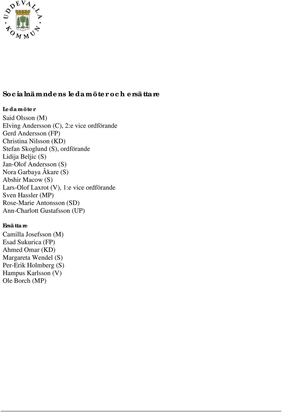 Macow (S) Lars-Olof Laxrot (V), 1:e vice ordförande Sven Hassler (MP) Rose-Marie Antonsson (SD) Ann-Charlott Gustafsson (UP)