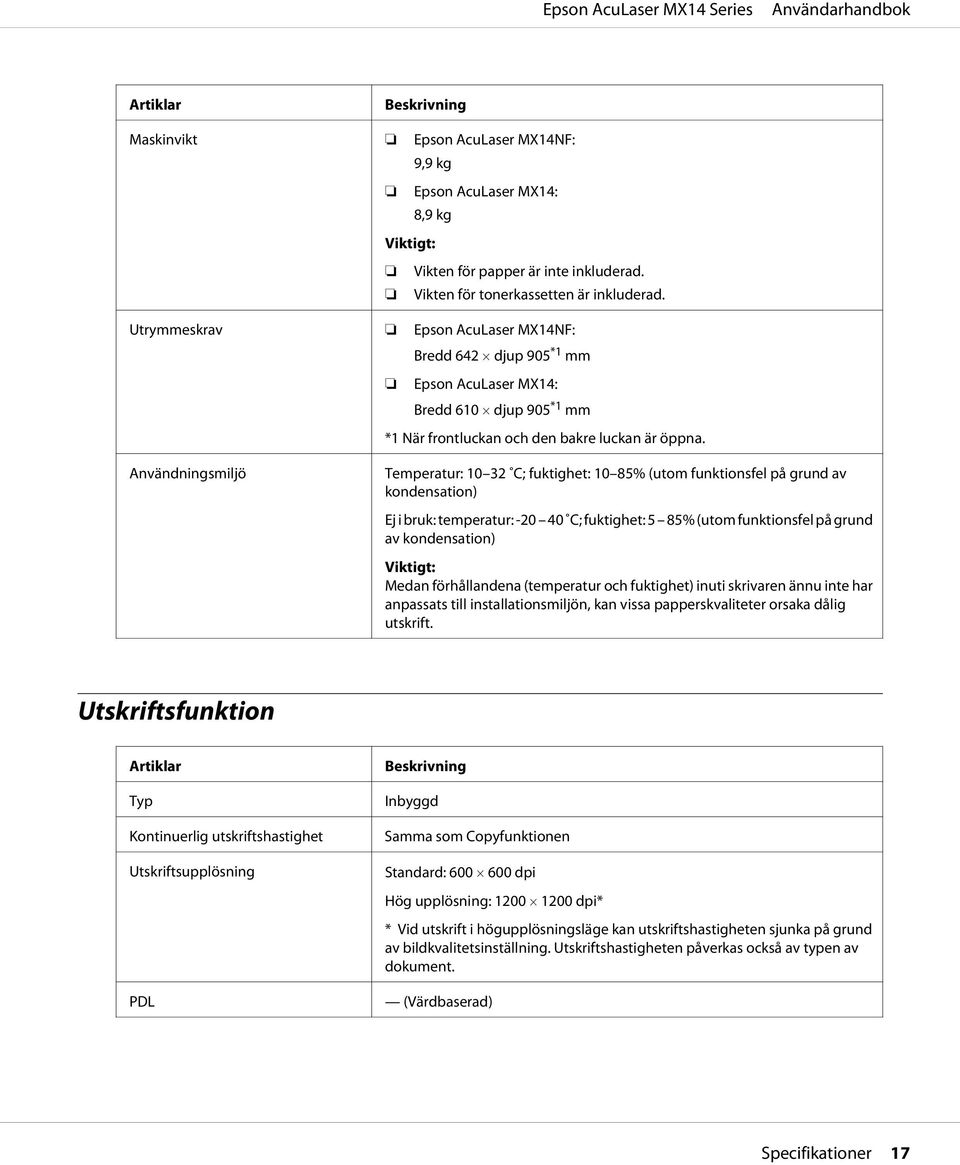 Användningsmiljö Temperatur: 10 32 C; fuktighet: 10 85% (utom funktionsfel på grund av kondensation) Ej i bruk: temperatur: -20 40 C; fuktighet: 5 85% (utom funktionsfel på grund av kondensation)