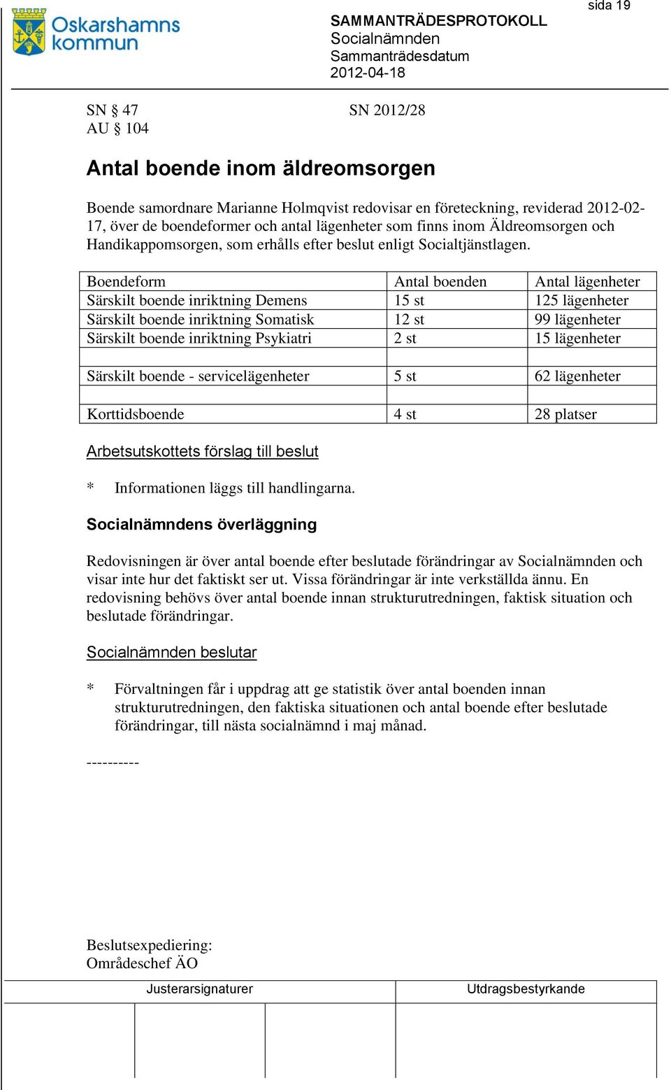 Boendeform Antal boenden Antal lägenheter Särskilt boende inriktning Demens 15 st 125 lägenheter Särskilt boende inriktning Somatisk 12 st 99 lägenheter Särskilt boende inriktning Psykiatri 2 st 15