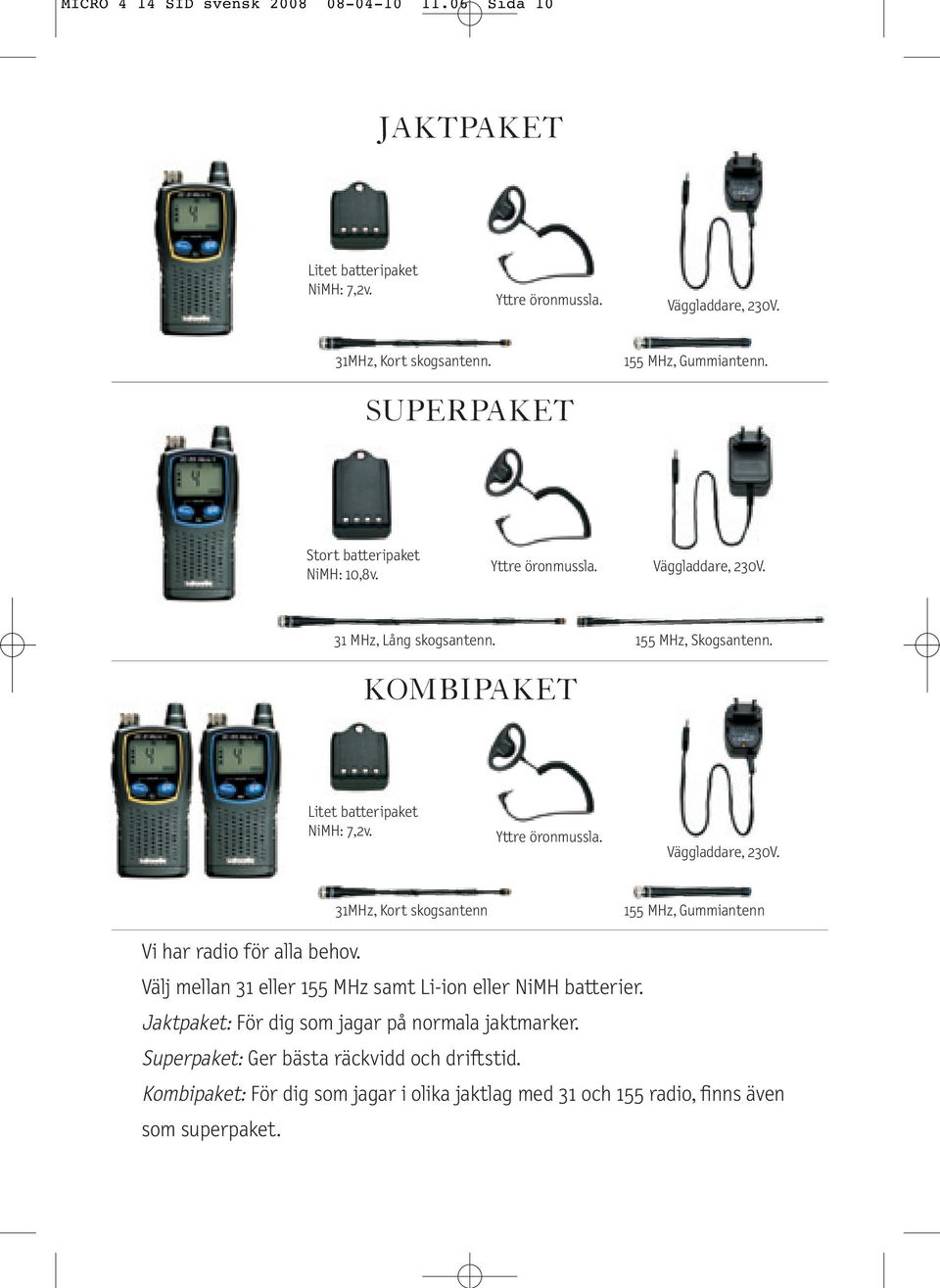 Yttre öronmussla. Väggladdare, 230V. 31MHz, Kort skogsantenn 155 MHz, Gummiantenn Vi har radio för alla behov. Välj mellan 31 eller 155 MHz samt Li-ion eller NiMH batterier.