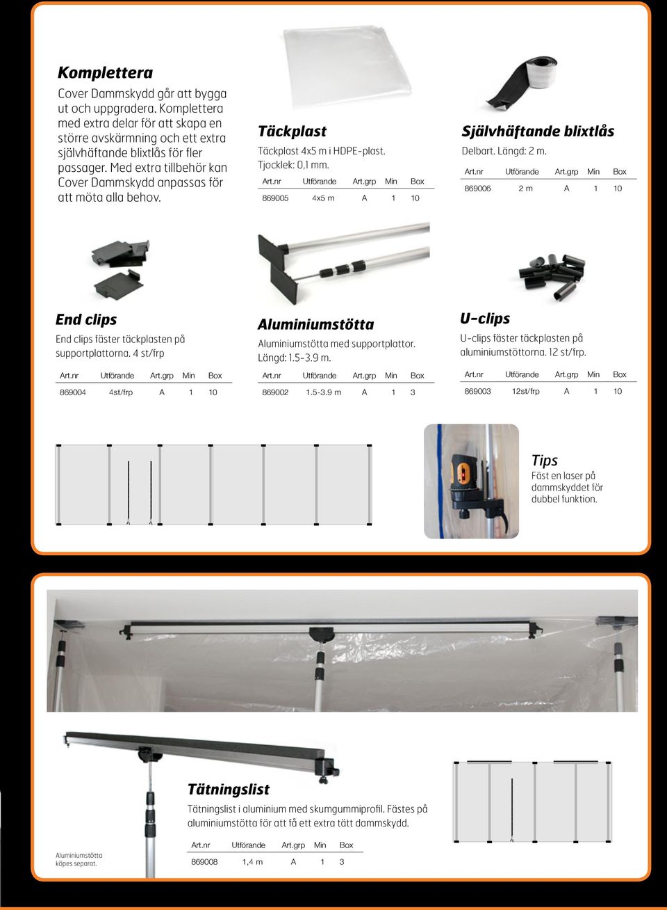 869006 2 m A 1 10 End clips End clips fäster täckplasten på supportplattorna. 4 st/frp 869004 4st/frp A 1 10 Aluminiumstötta Aluminiumstötta med supportplattor. Längd: 1.5-3.