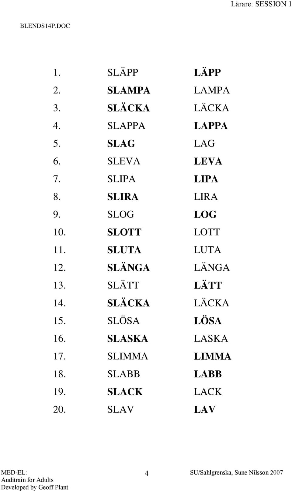 SLOTT LOTT 11. SLUTA LUTA 12. SLÄNGA LÄNGA 13. SLÄTT LÄTT 14. SLÄCKA LÄCKA 15.