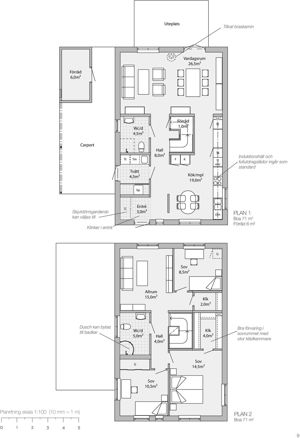 G Entré 3,0m² Dm PLAN 1 Boa 71 m 2 Förråd 6 m² G Sov 8,5m² Allrum 15,0m² Klk 2,0m² Dusch kan bytas till badkar Wc/d 5,0m² Hall 4,0m²